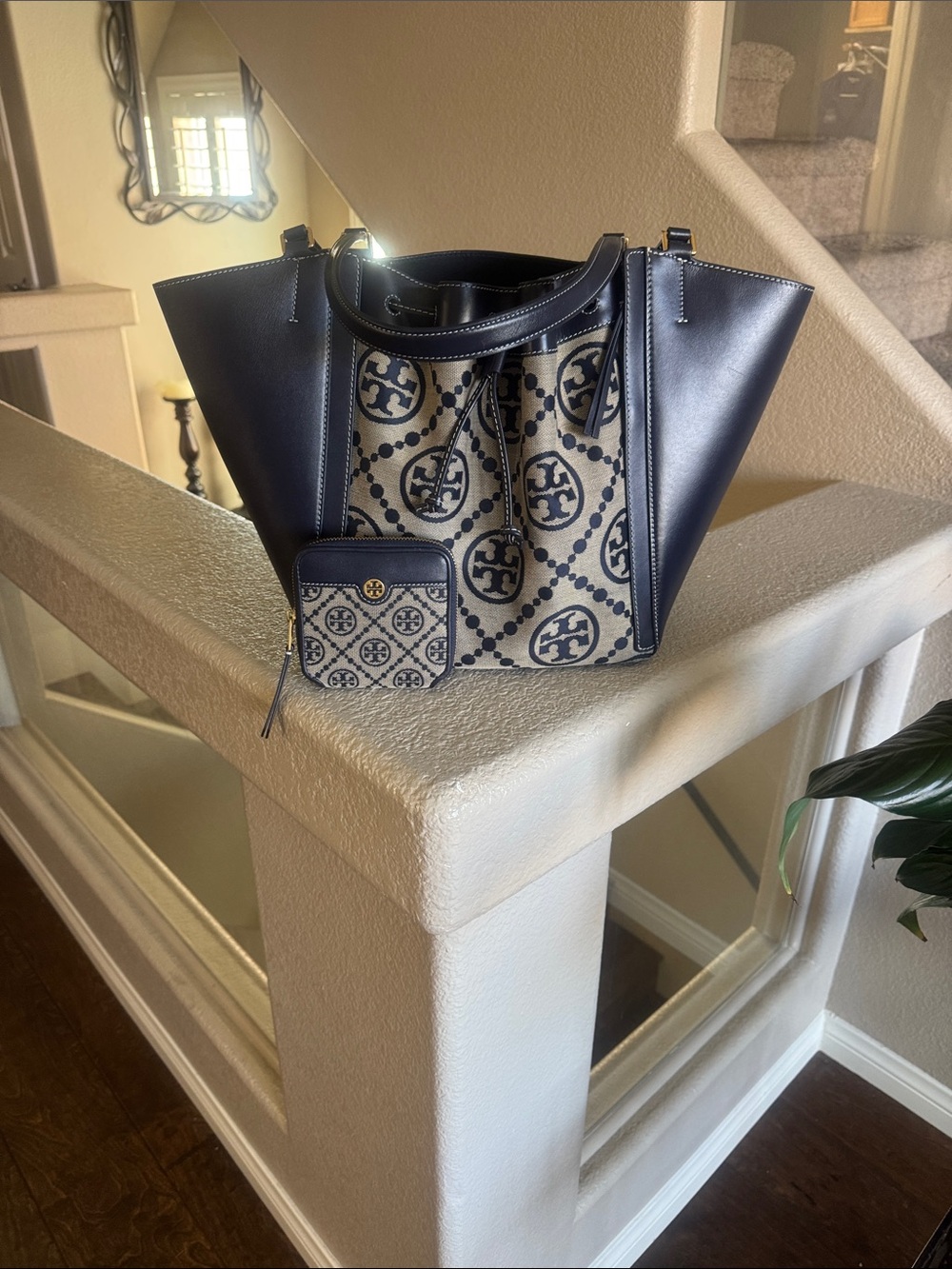 Tory Burch Dragonfly Navy and Beige Logo Canvas Tote with Leather Trim